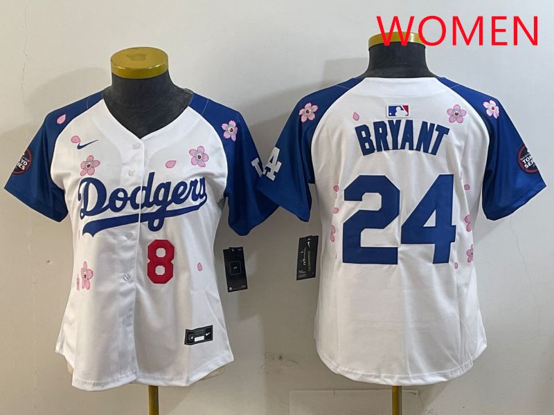 Women Los Angeles Dodgers #24 Bryant White Blue Sakura Edition 2025 Nike MLB Jersey style 9